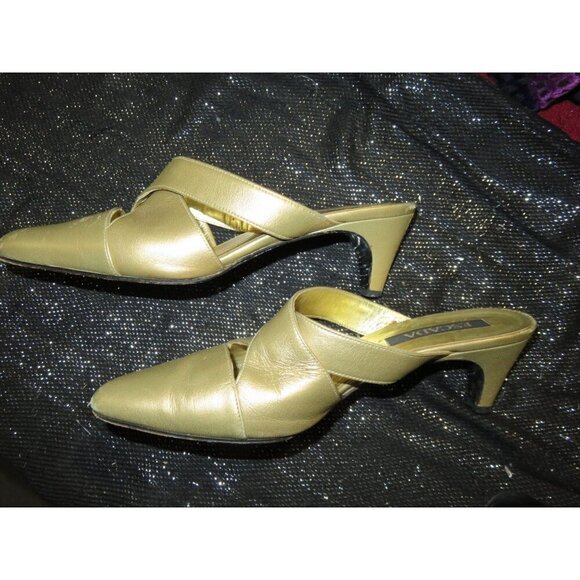 Escada Vintage Gold Satin & Leather Kitten Heeled Mules Sandals size 6 B - Picture 5 of 9